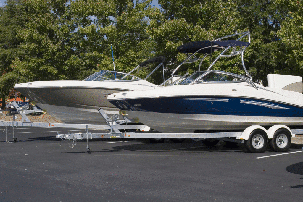 Two white and blue motorboats on trailers are parked on asphalt, surrounded by trees in the background under a clear sky.