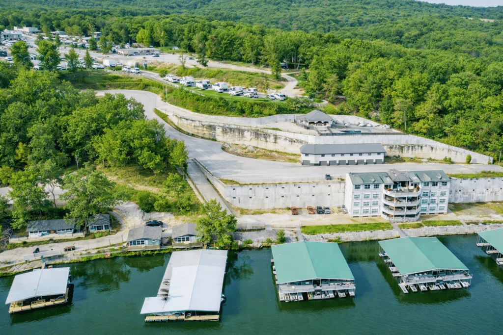 Arial view of the Riviera RV Resort from the lake looking up