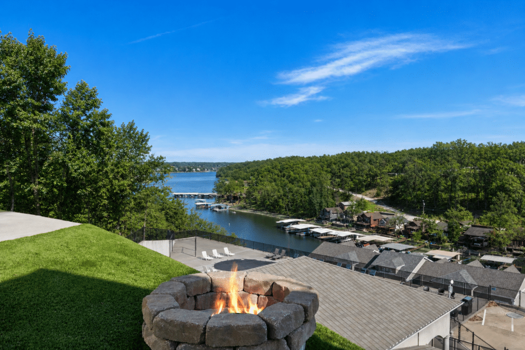 A scenic overview of the lake from the turfed RV site. Enjoying a fire pit in the summer