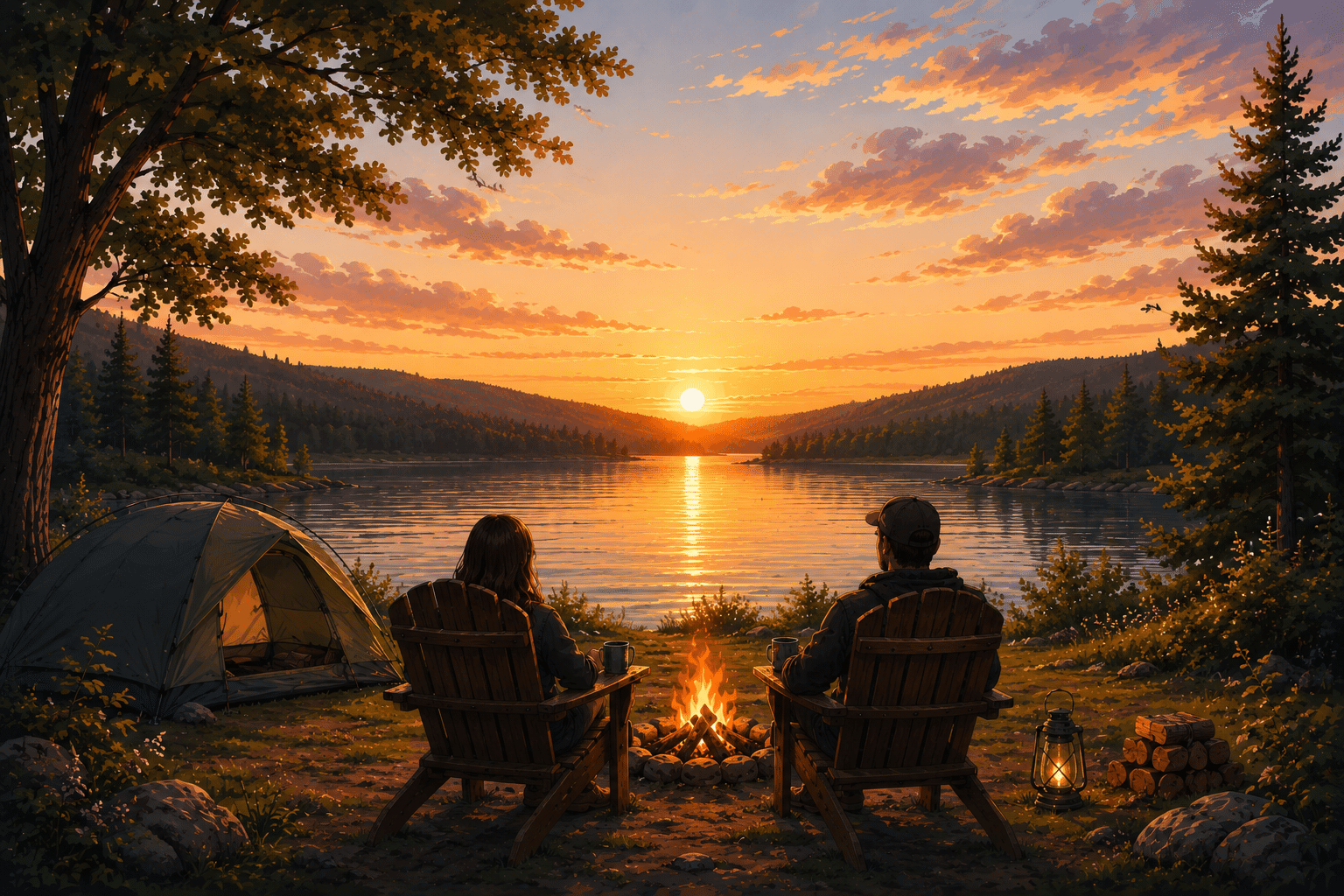 A couple enjoying the fire by the lake while camping