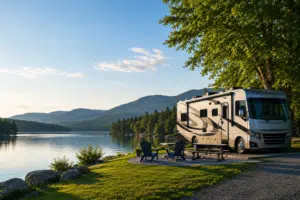 RV sitting lakeside, generic image