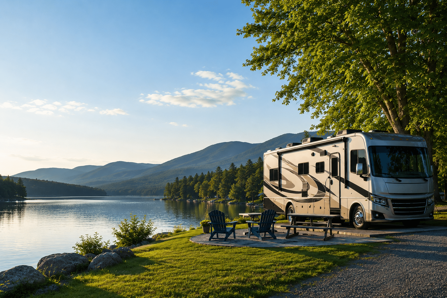 RV sitting lakeside, generic image