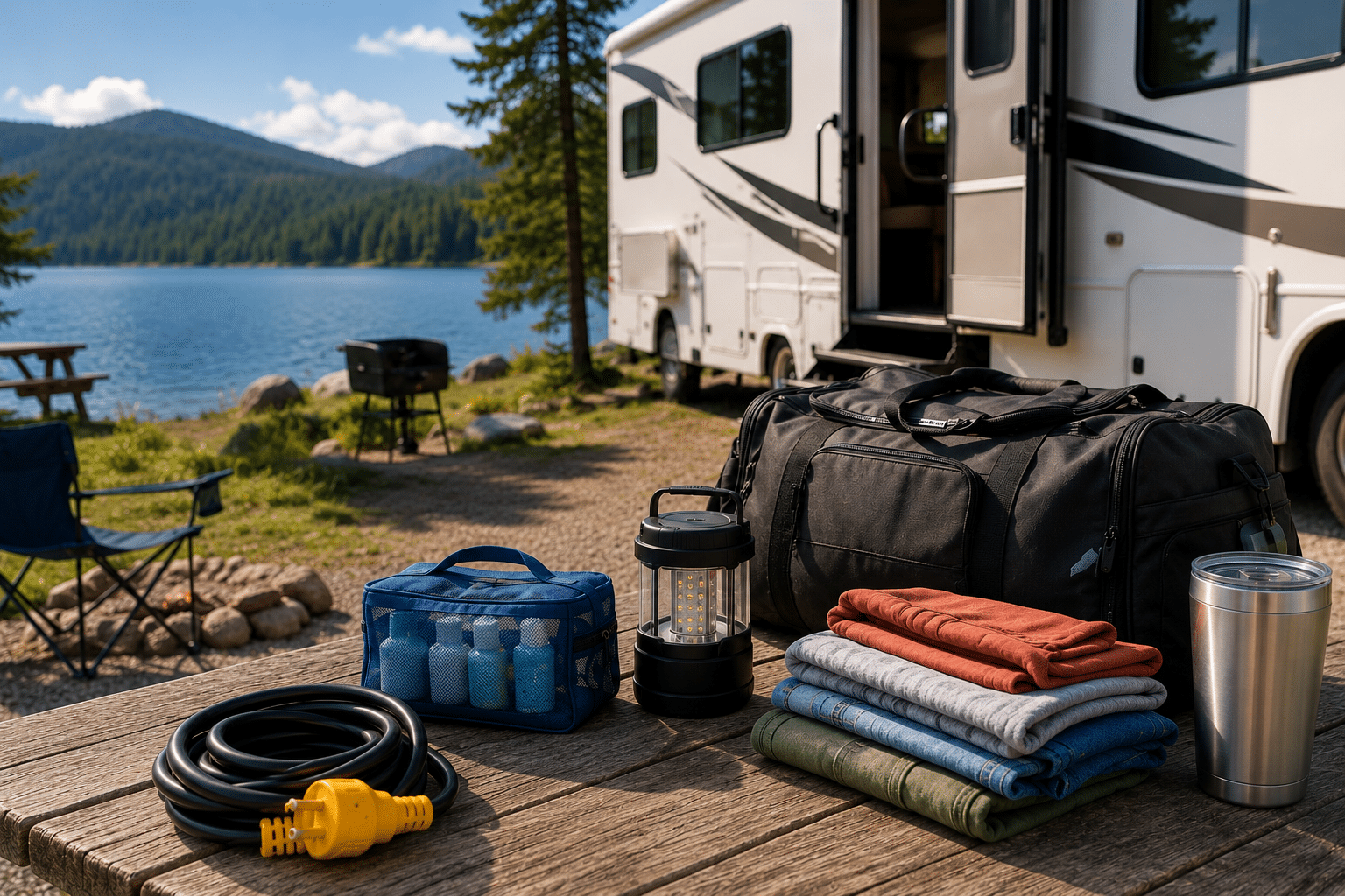 Rv essentials in front of a RV
