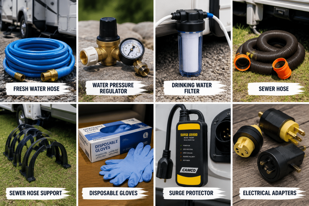 a list of RV essentials available for purchase.