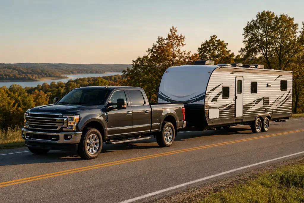 Heavy-duty pickup truck towing a travel trailer along a scenic road overlooking the Lake of the Ozarks.