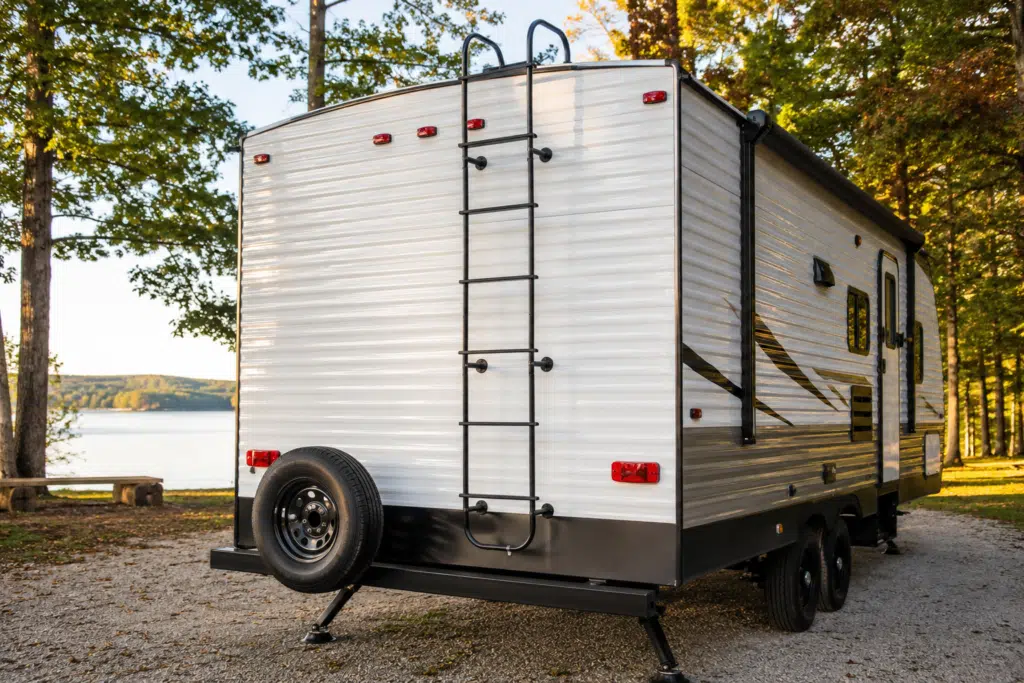 Rear view of a travel trailer RV with a permanently mounted exterior ladder at a lakeside campsite.