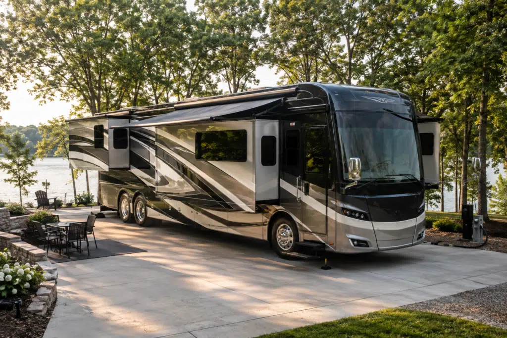 Large luxury Class A motorhome parked at a lakeside RV site with slide-outs extended on both sides.